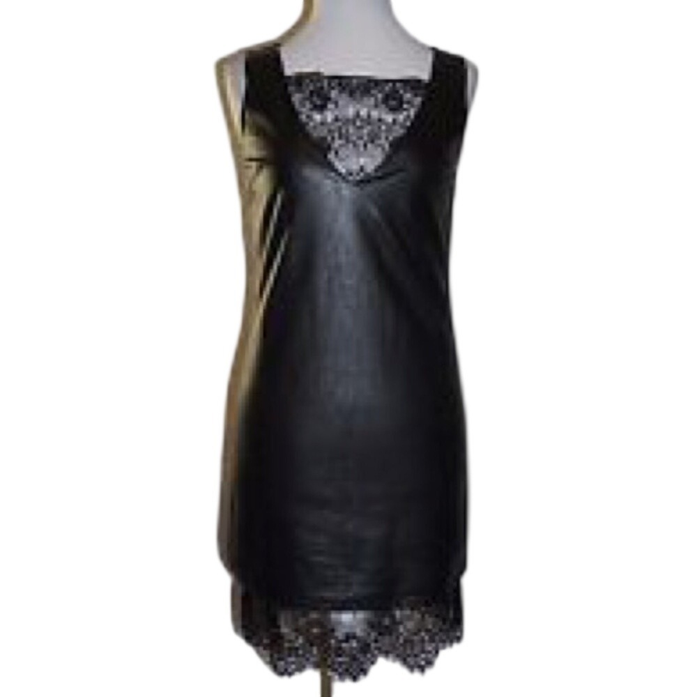 Chelsea Violet Black Faux Leather Lace Trim V Neck‎ Sleeveless Mini Dress XS